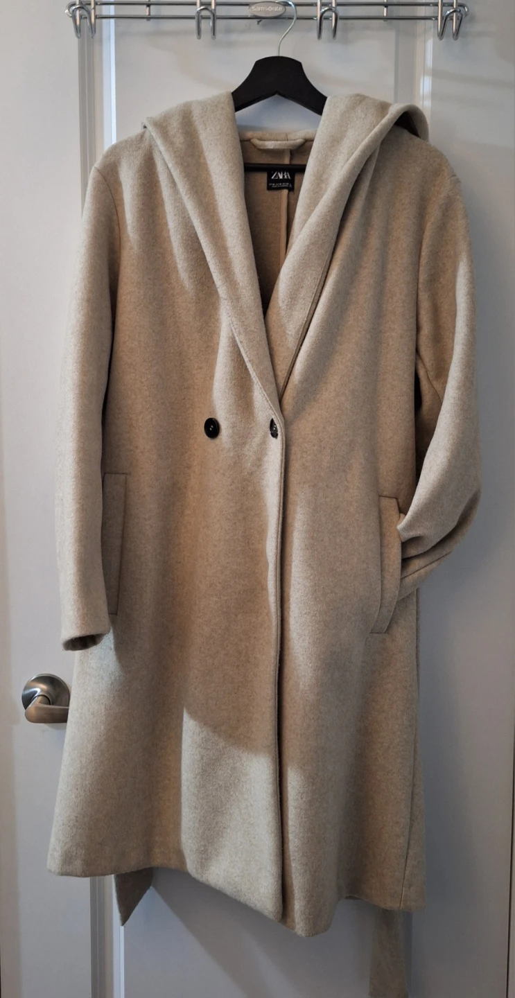 ZARA Beige Hooded Wool Blend Coat - Size Medium