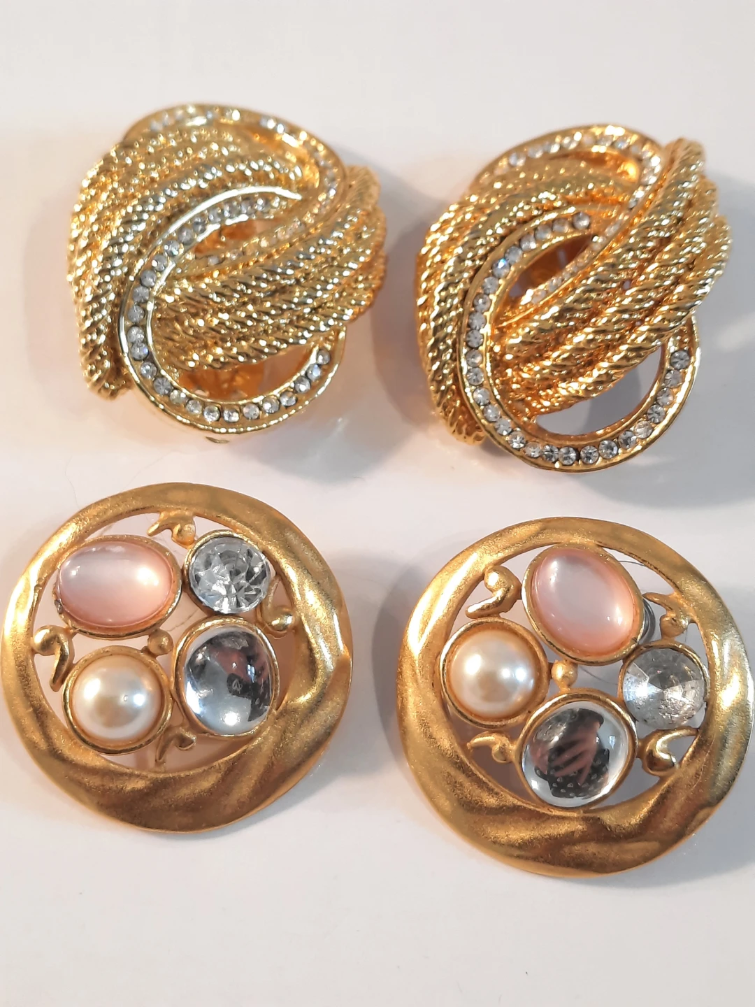 Gold Tone Clip-On Earrings with Rhinestones and Faux Pearls