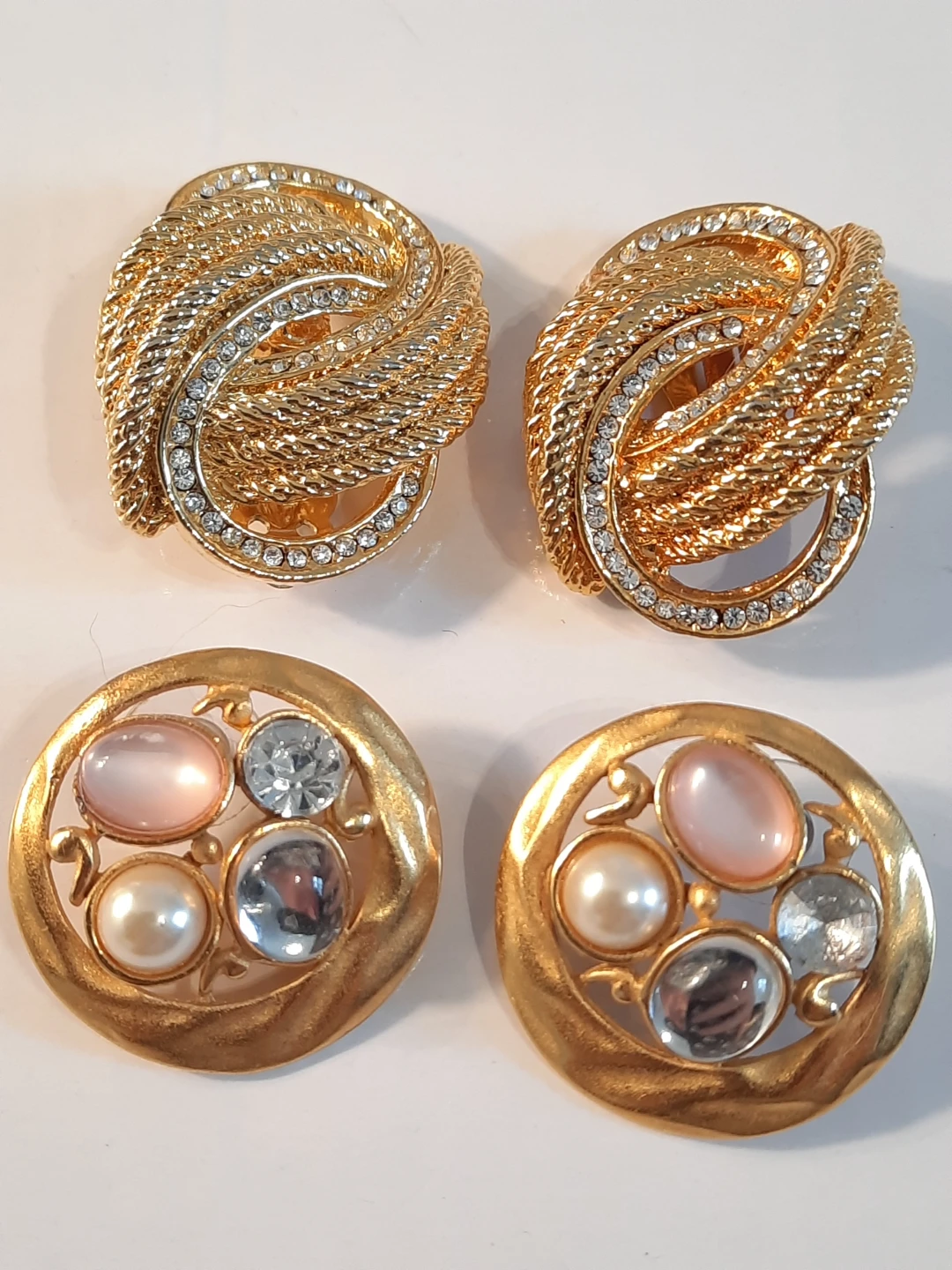 Gold Tone Clip-On Earrings with Rhinestones and Faux Pearls - photo 2
