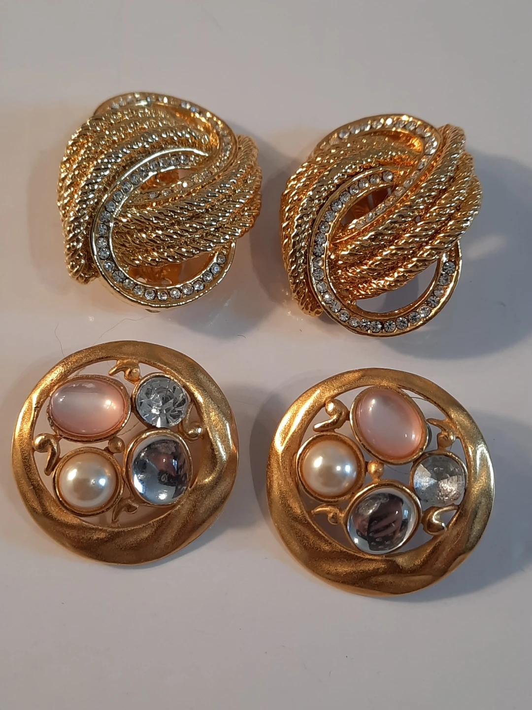 Gold Tone Clip-On Earrings with Rhinestones and Faux Pearls - photo 3