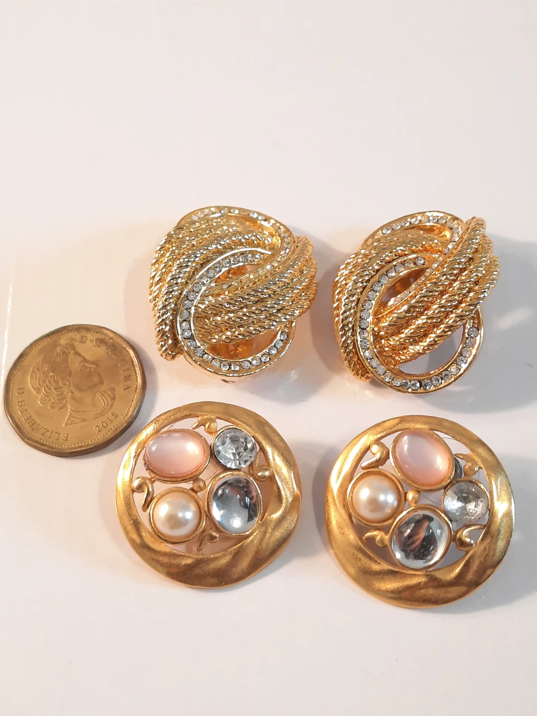 Gold Tone Clip-On Earrings with Rhinestones and Faux Pearls - photo 4