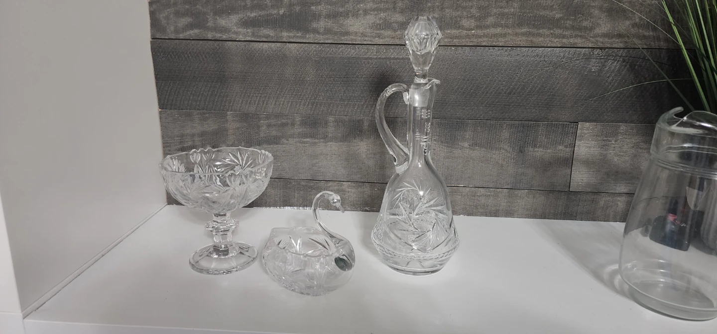 Crystal Glassware Set - Decanter, Footed Bowl & Swan Dish