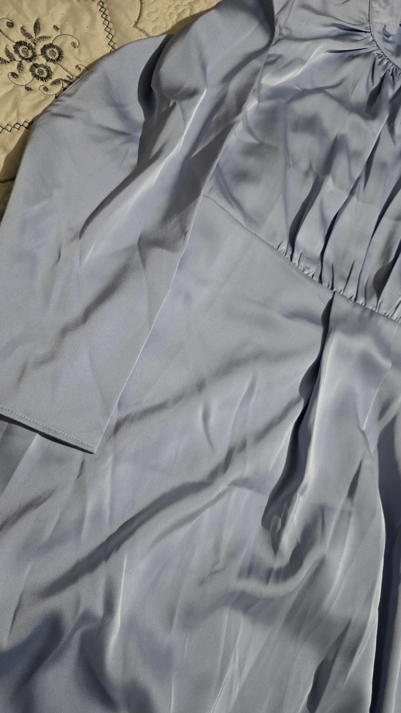 Women's Blue Long Sleeve Satin Dress - photo 2