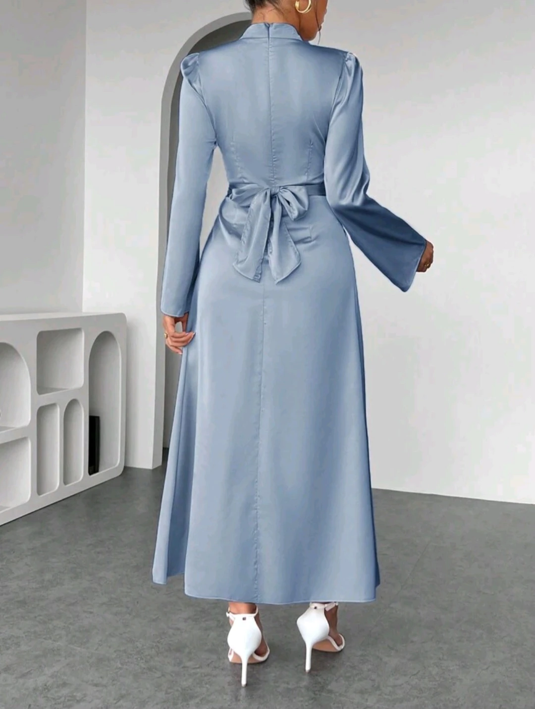 Women's Blue Long Sleeve Satin Dress - photo 5