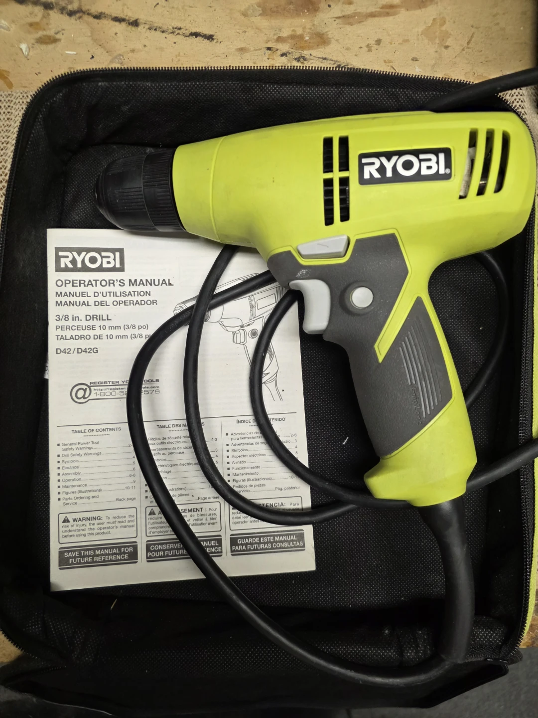 Ryobi 3/8 inch Drill with Case and Manual