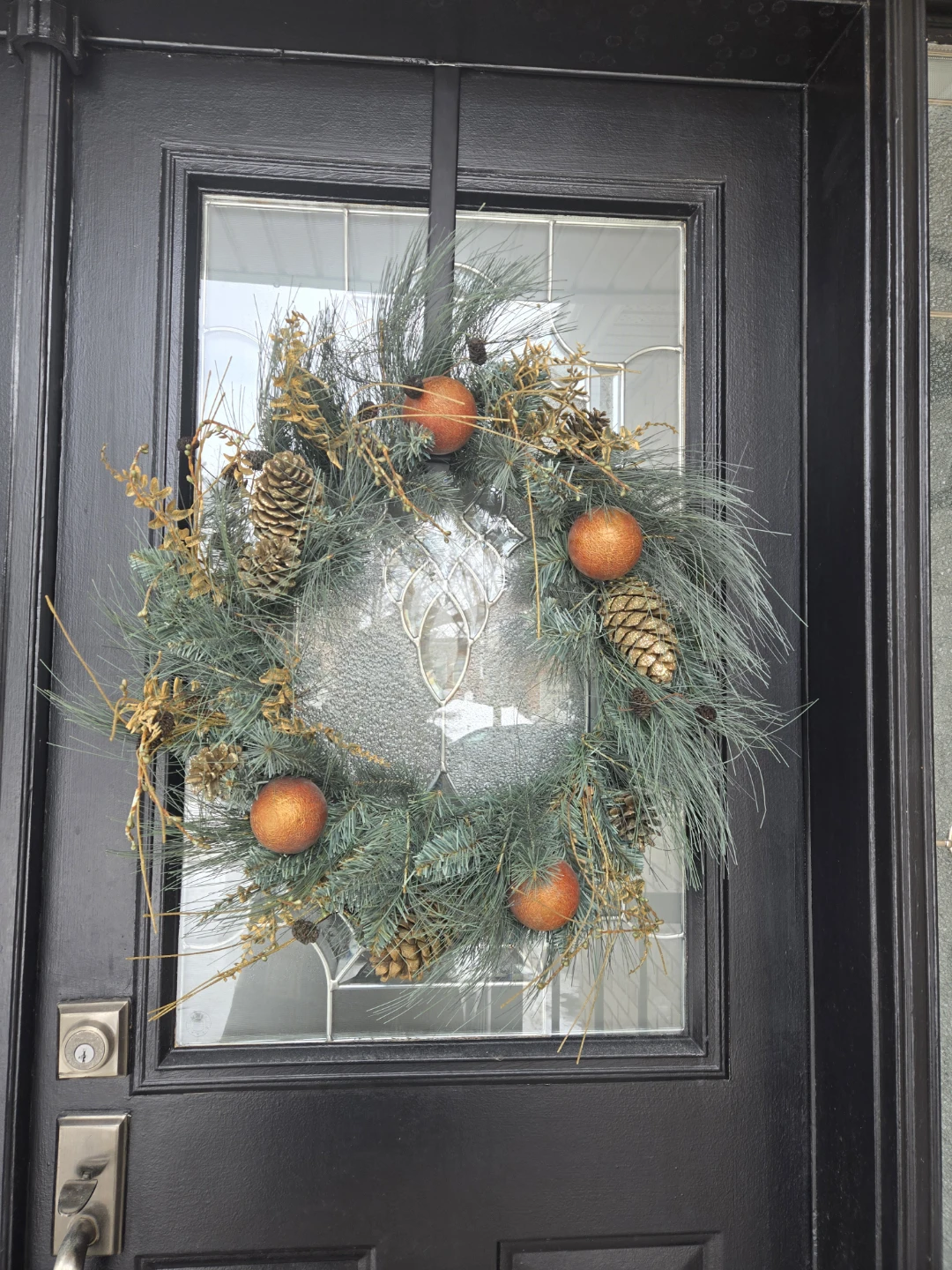 Two Holiday Wreaths with Gold and Pinecones