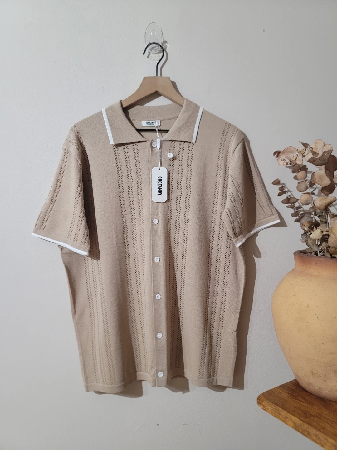 Knit Retro Johnny Collar Academia Tan Minimalist Resort Sz L New