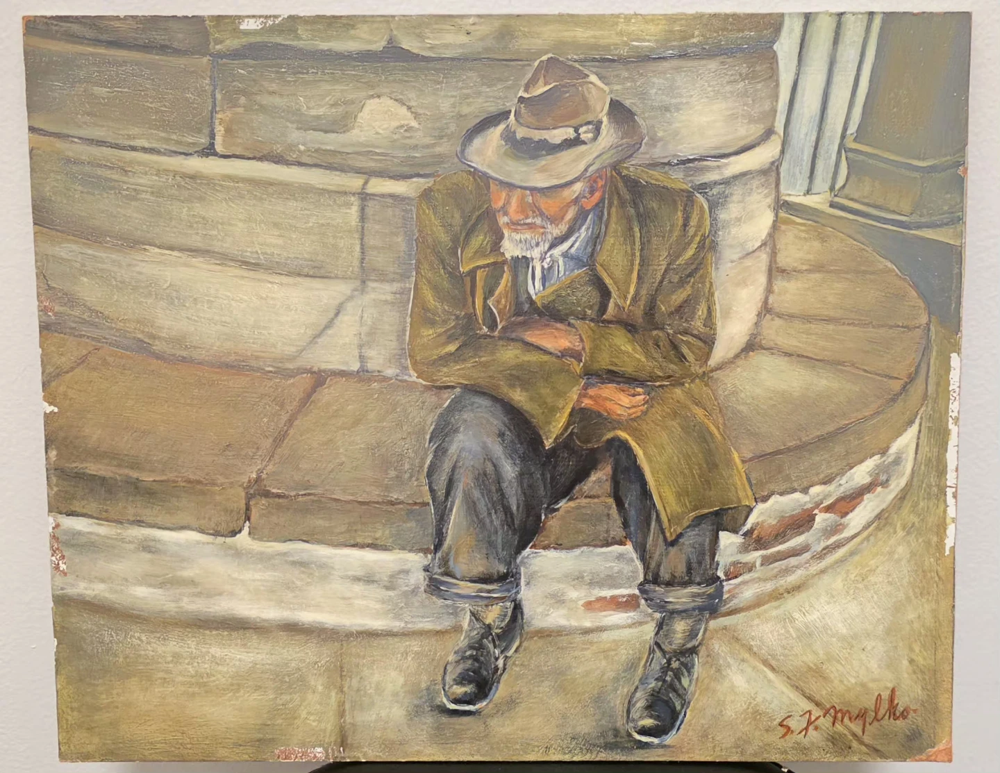 Vintage 1971 Oil  Painting On Canvas "Post-Battlefield Scars" - photo 3