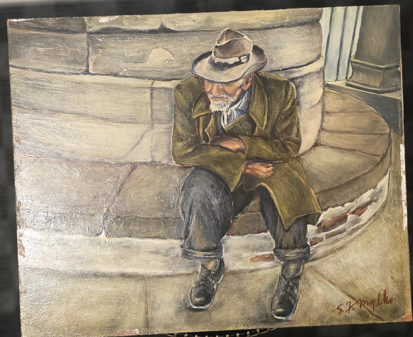 Vintage 1971 Oil  Painting On Canvas "Post-Battlefield Scars" - photo 4
