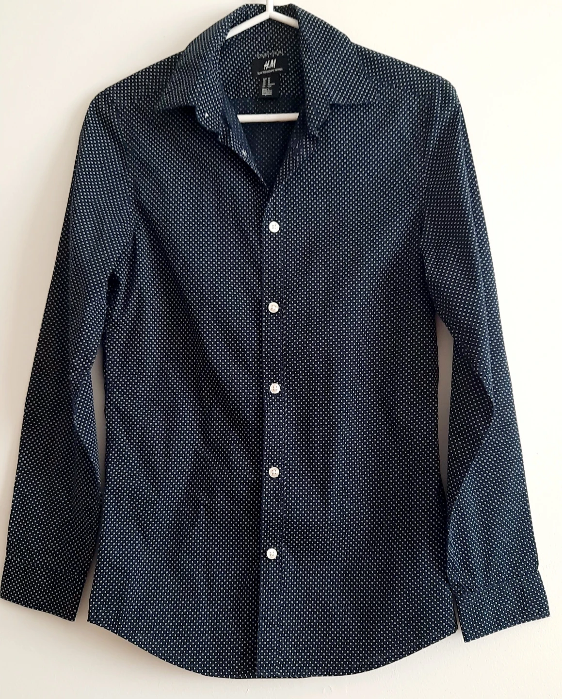 H&M Men's Slim Fit Easy Iron Shirt - Navy with White Dots - XS