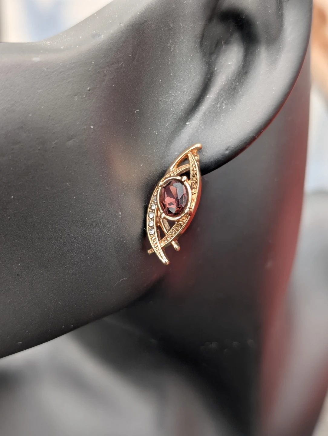 Gold-tone earrings with purple stone and rhinestones - photo 2