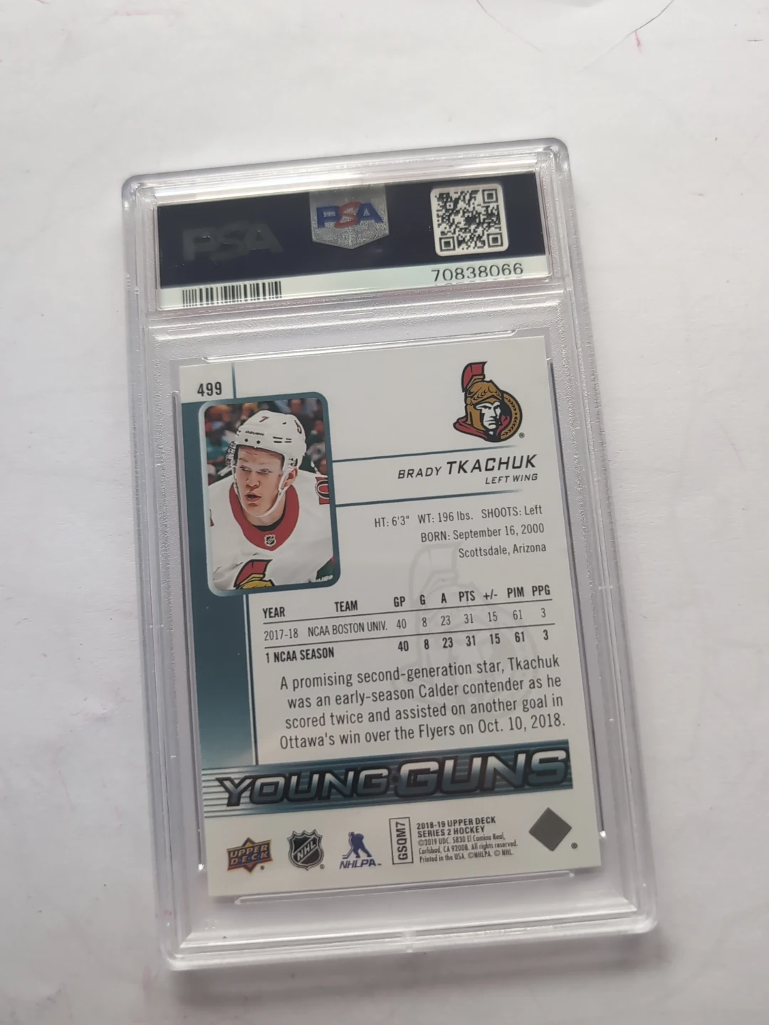 2018 Brady Tkachuk  PSA Gem Mint 10 - photo 2