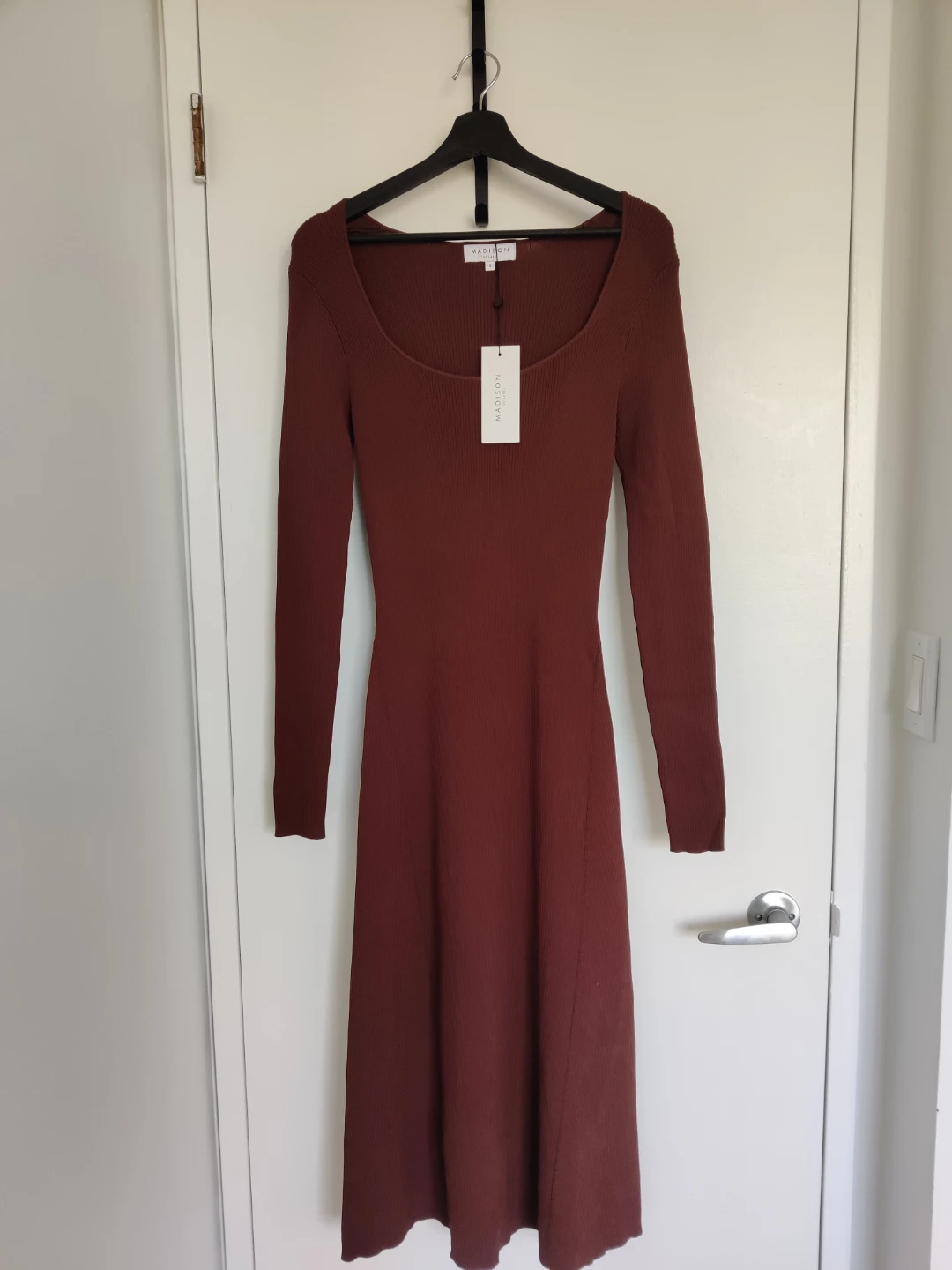 Ribbed Knit Midi Dress - Brown - Size S