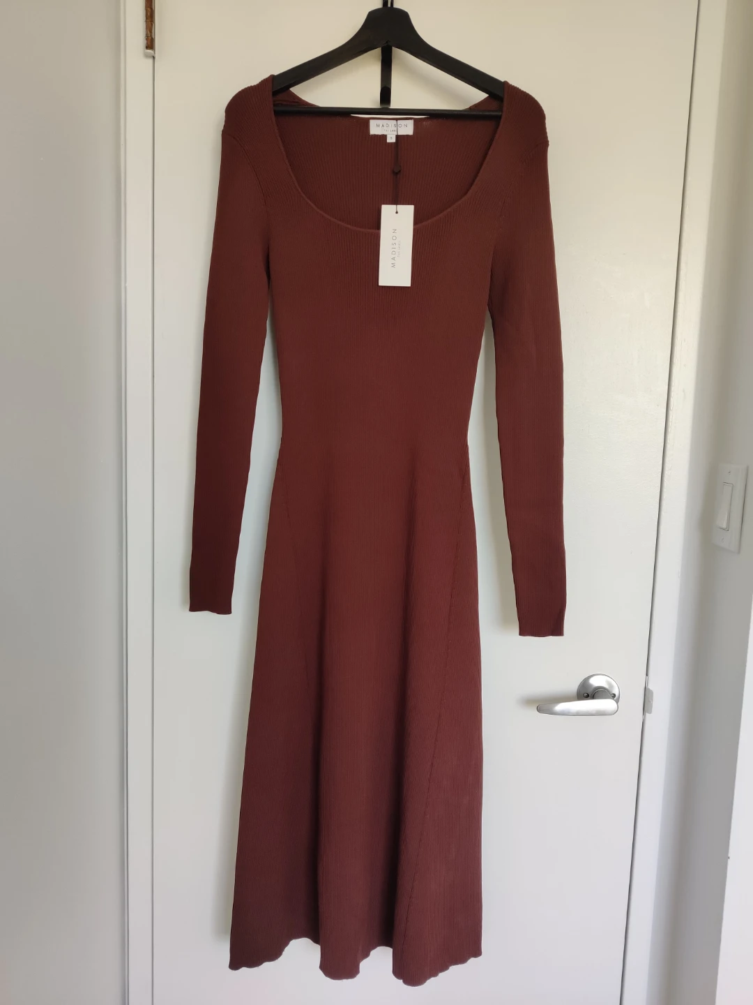 Ribbed Knit Midi Dress - Brown - Size S - photo 2