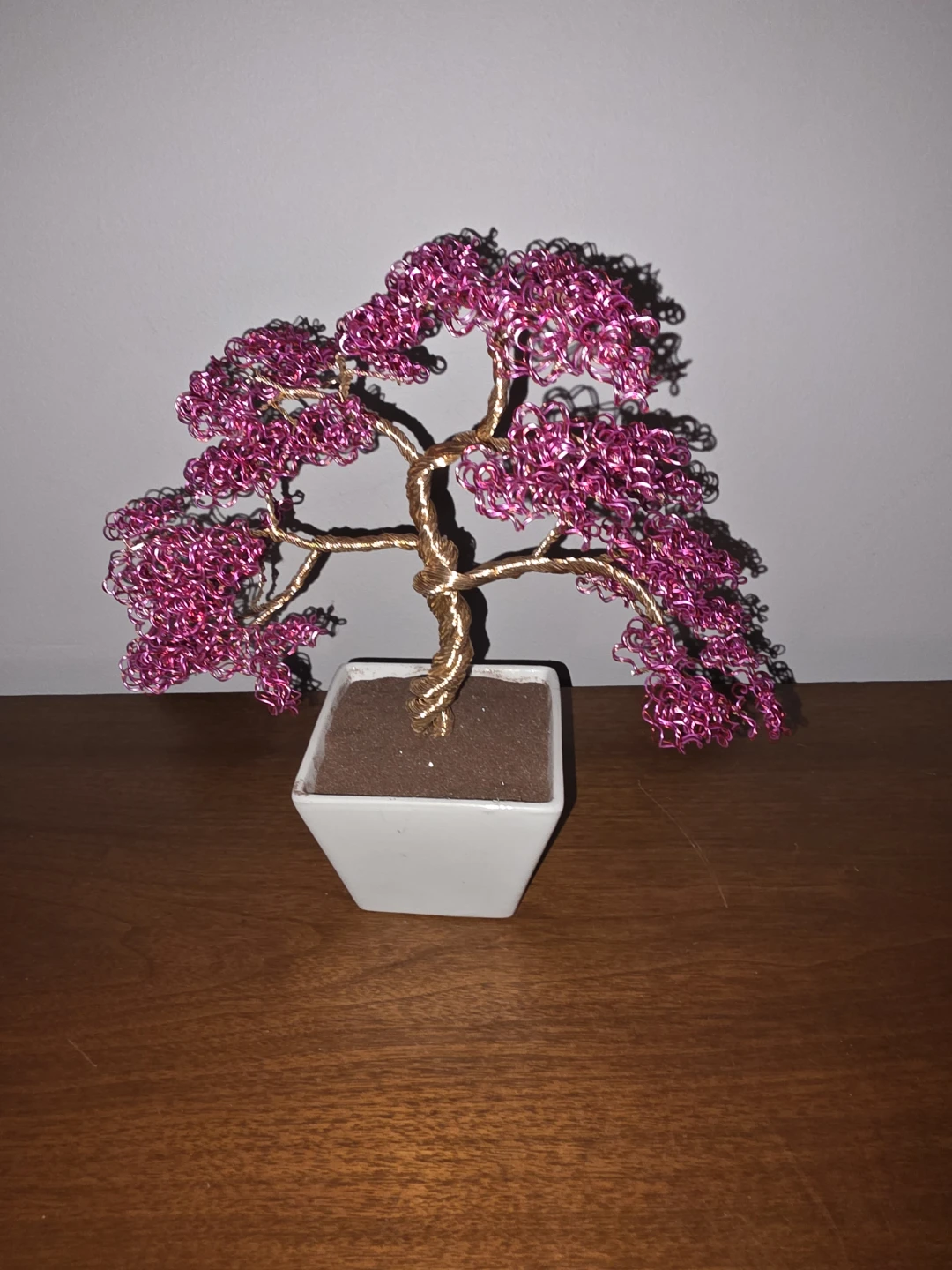 Pink Wire Bonsai Tree Sculpture in White Pot