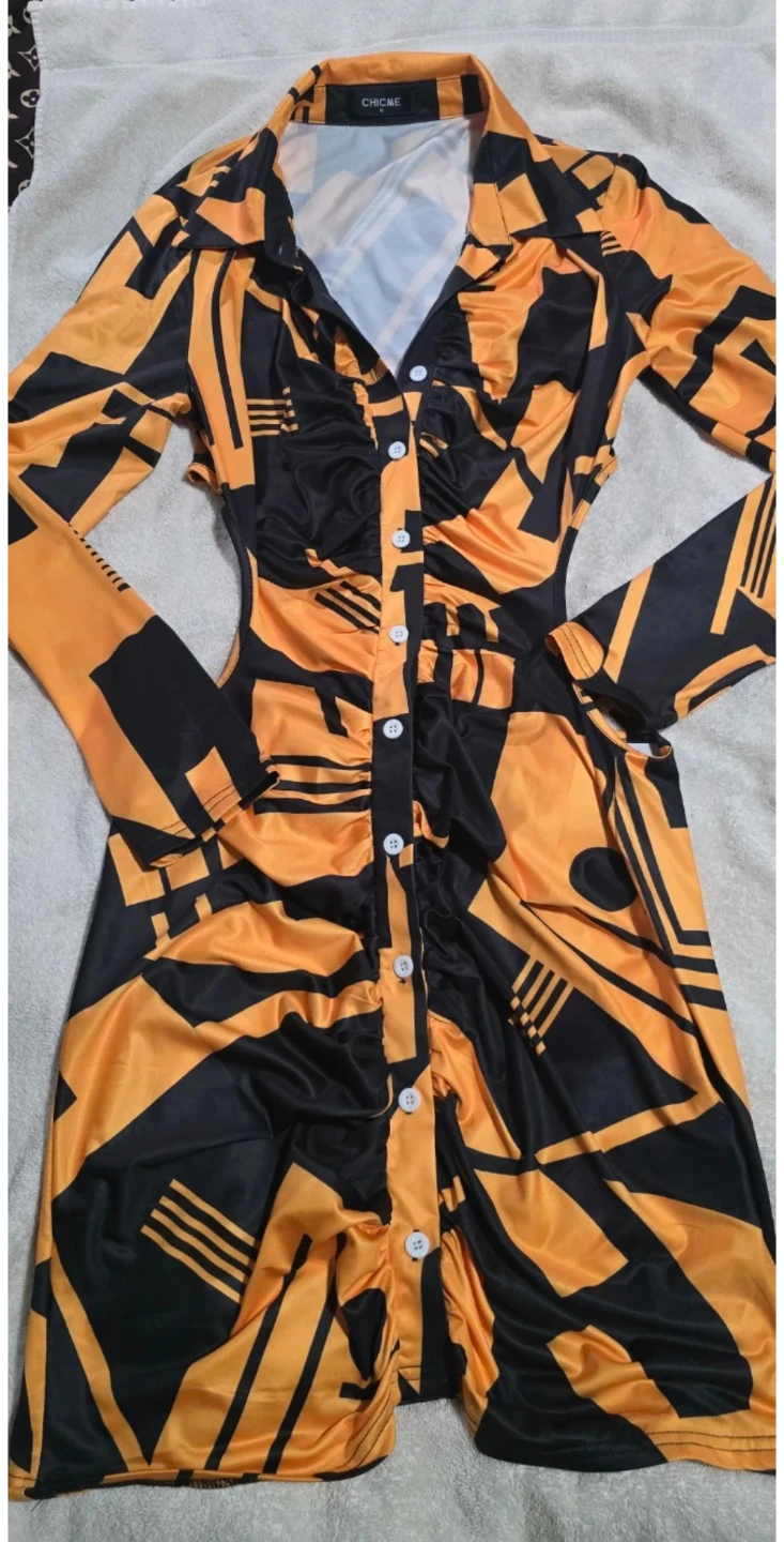 Graphic Print Button-Up Mini Dress - Orange/Black - photo 5