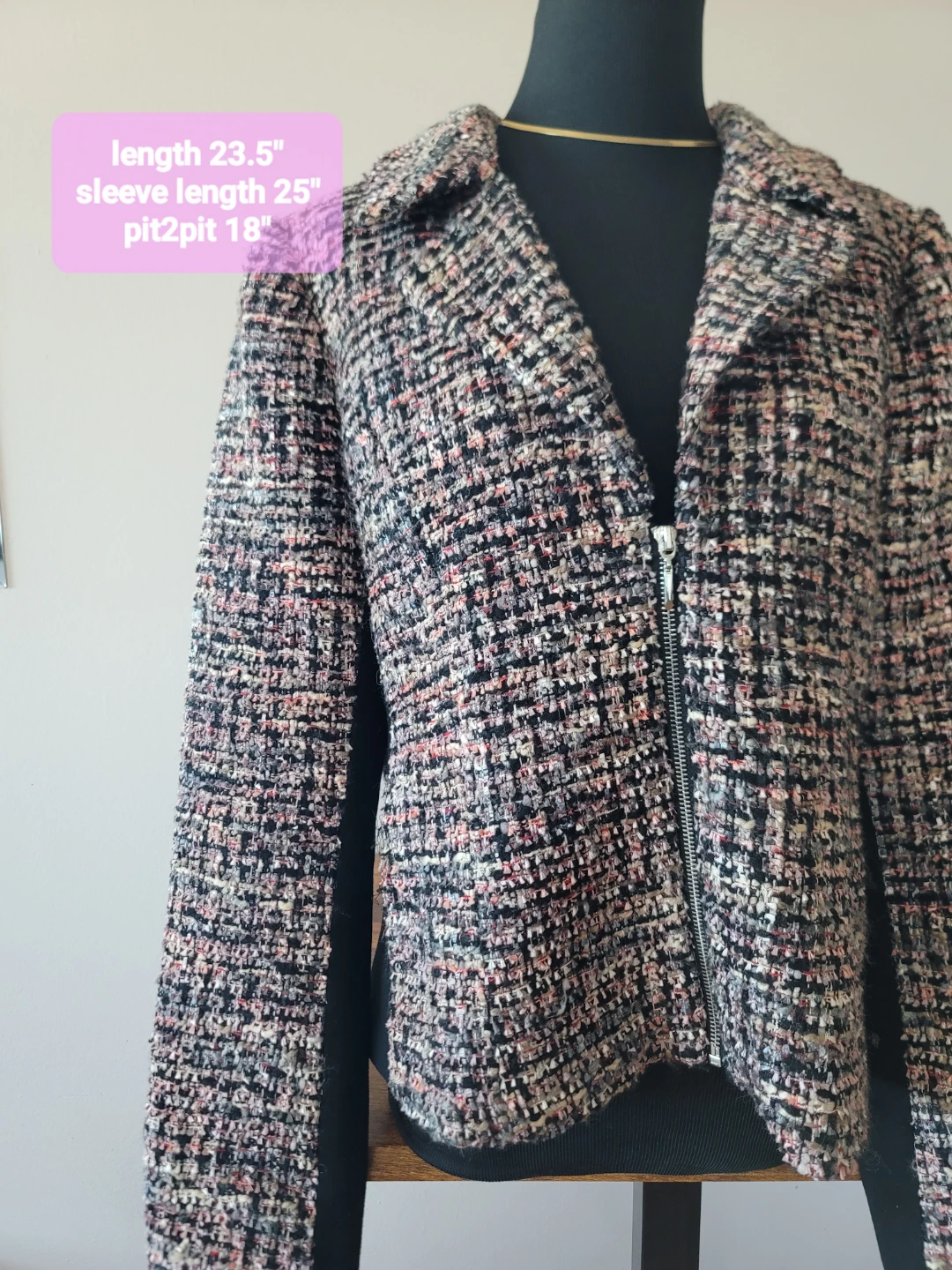 Colorful Tweed Moto Zip Jacket Blazer Office Sz 14 Spring Layers - photo 3