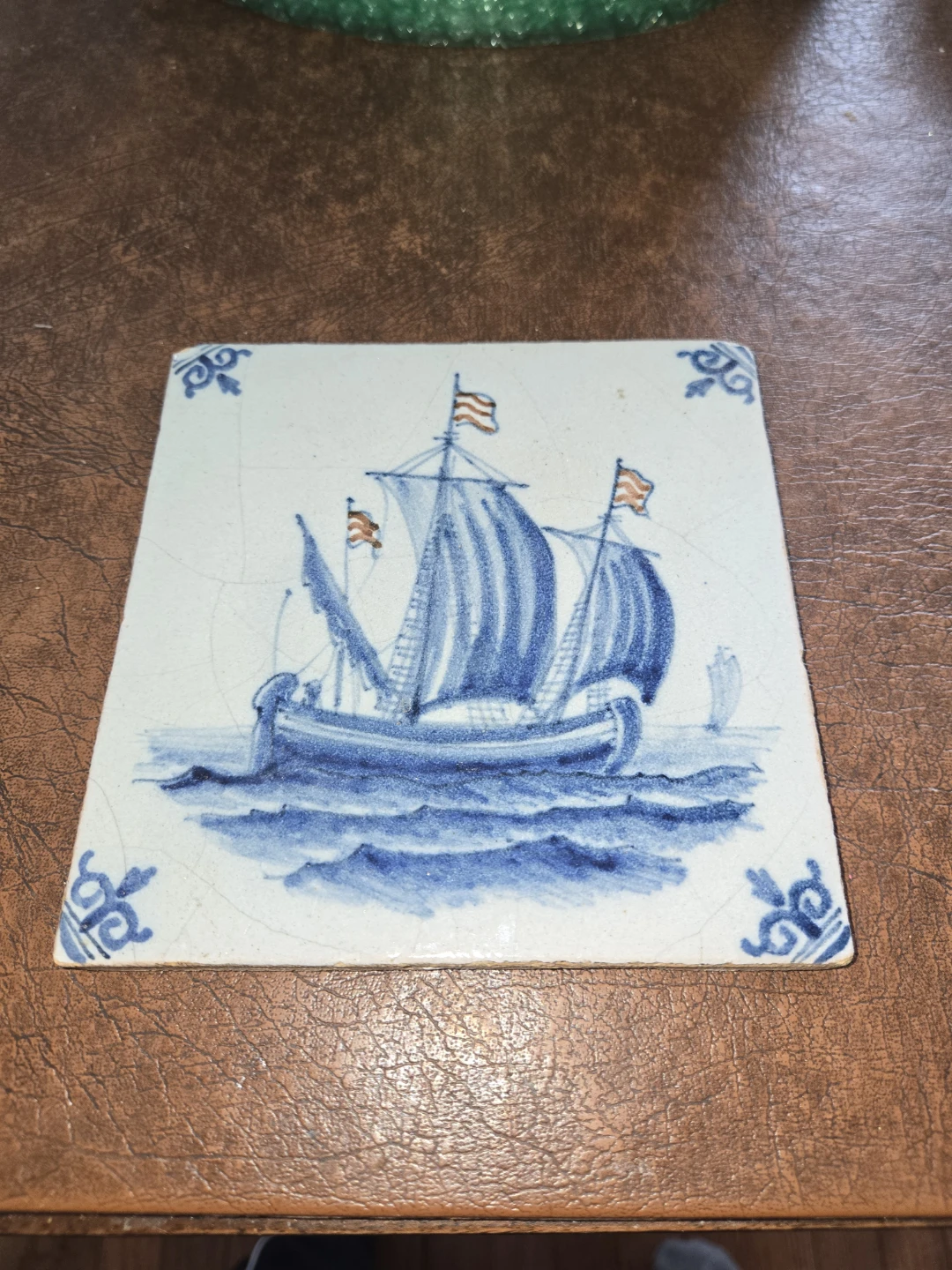 Vintage Blue and White Ceramic Tile with Sailing Ship - photo 2