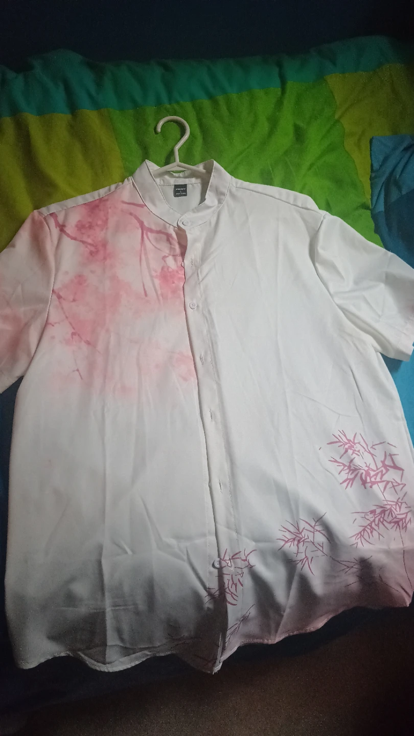 White Button-Up Shirt with Pink Floral and Bamboo Print - Size L