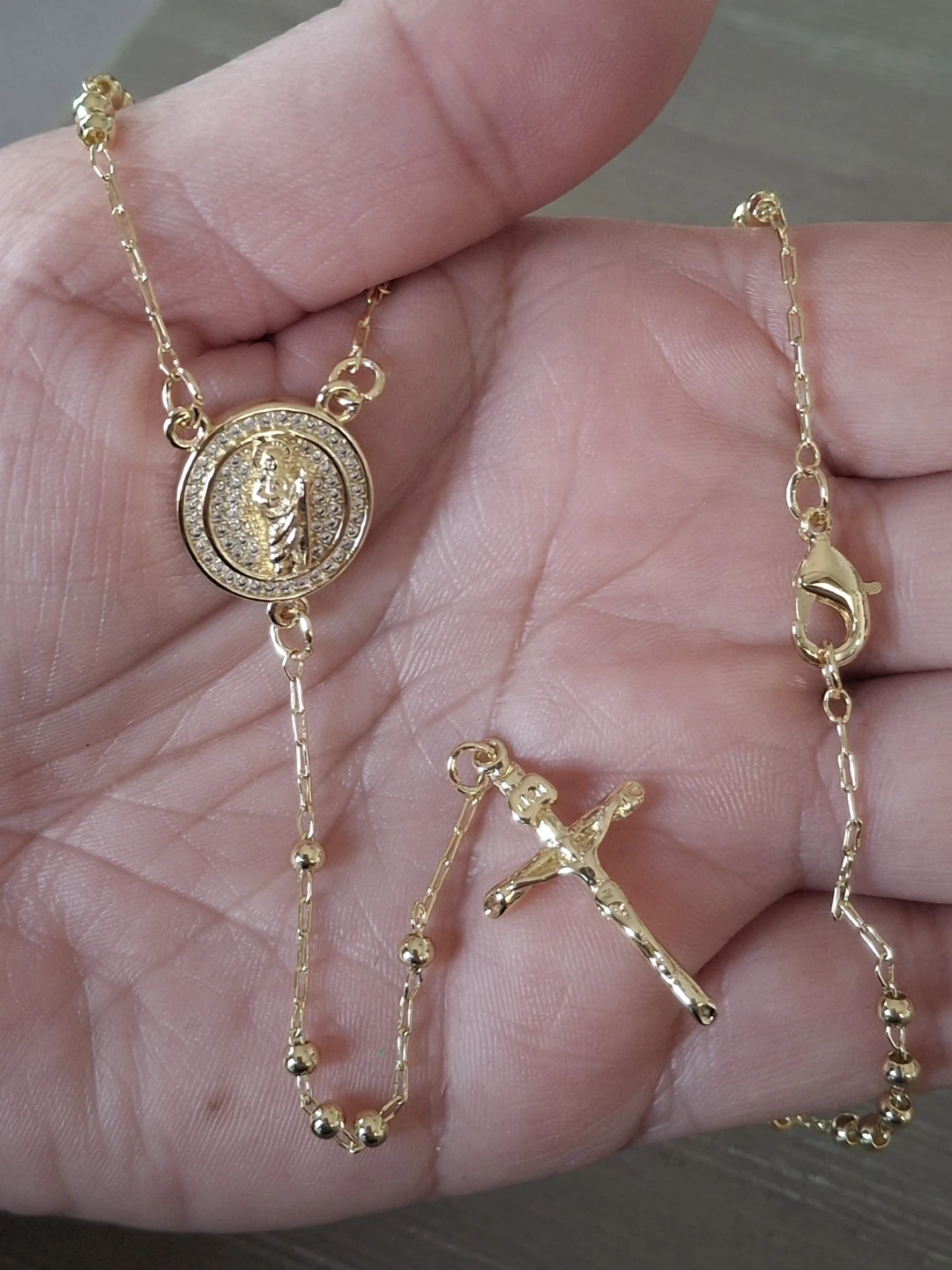 Gold Tone Rosary Necklace with Jesus Pendant - photo 2