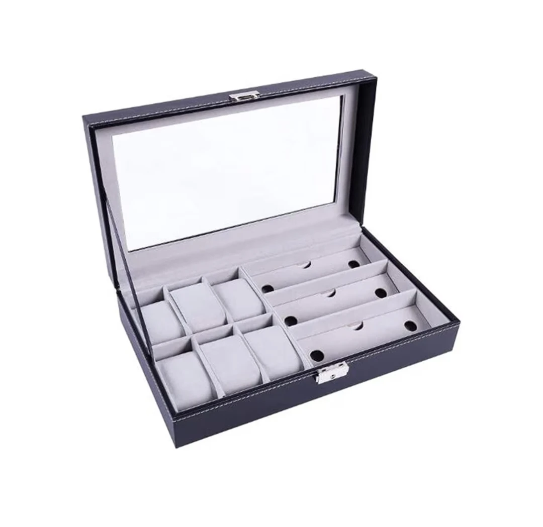 Watch Box & Jewelry Organizer, 6 Slot Watches 3 Glasses Storage