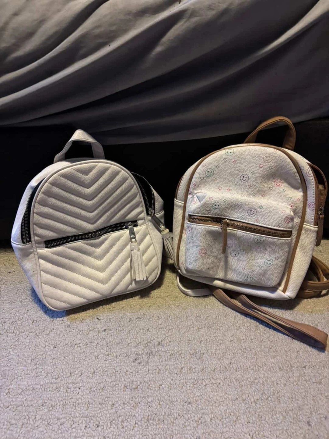 Two White Mini Backpacks - One Chevron, One Smiley Face