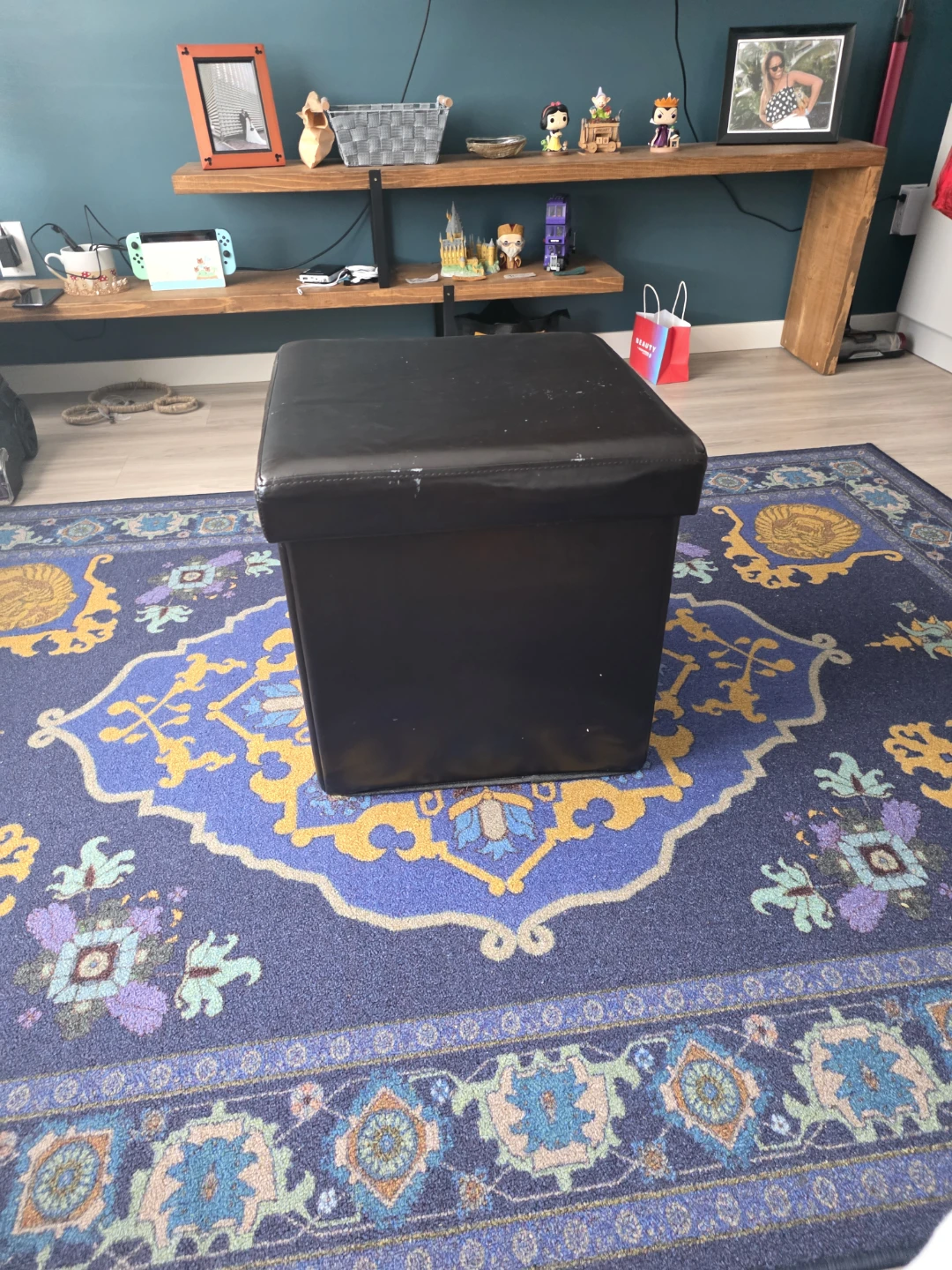 Black Faux Leather Storage Ottoman (Gently used)