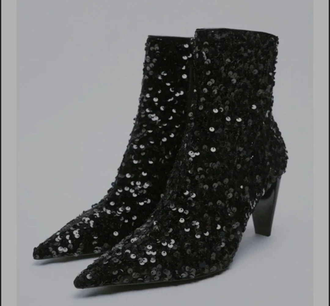Black Sequin Pointed Toe Heeled Ankle Boots