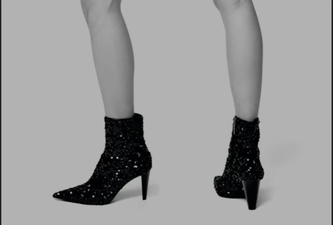 Black Sequin Pointed Toe Heeled Ankle Boots - photo 2