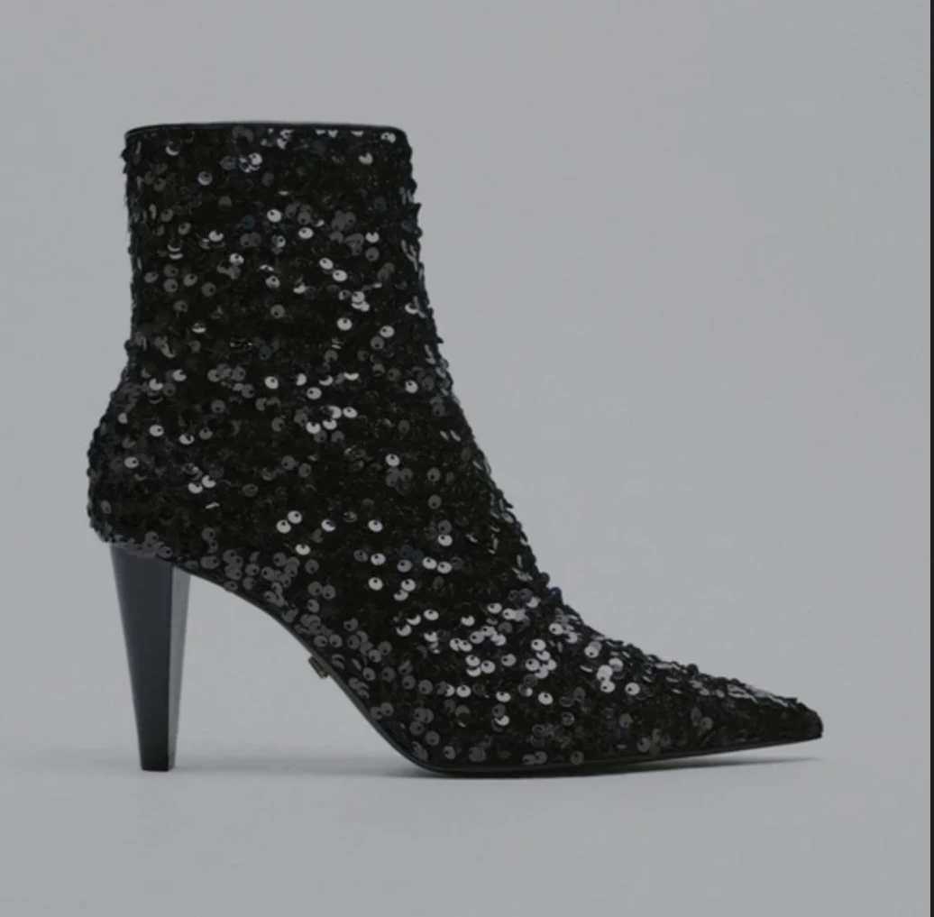 Black Sequin Pointed Toe Heeled Ankle Boots - photo 3