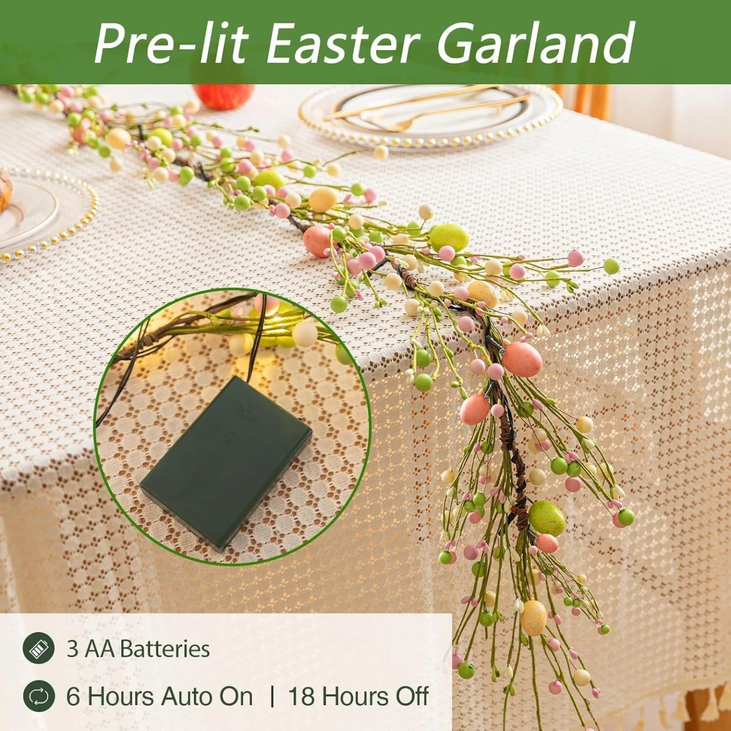 New->Pre-lit Easter Garland with Eggs and Warm Lights - photo 3