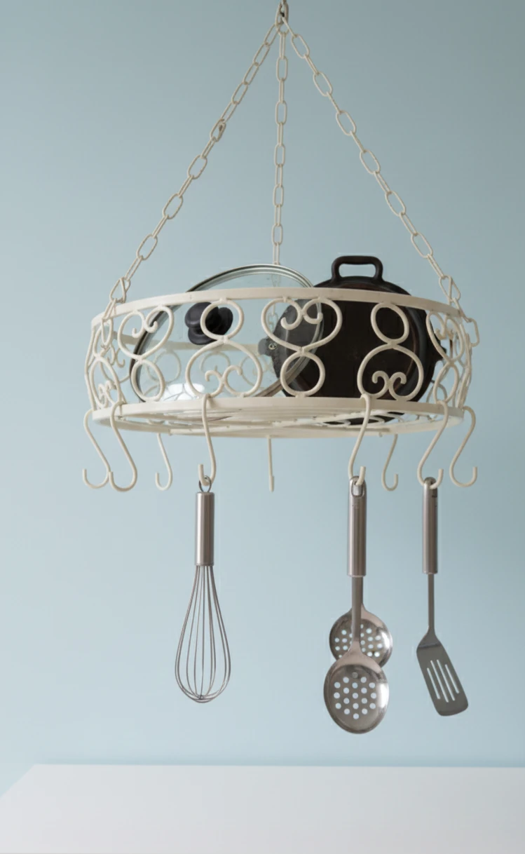 White Hanging Pot Rack with Utensils
