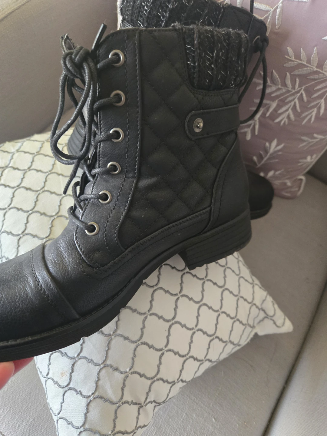 Black Quilted Combat Boots with Zipper and Knit Collar