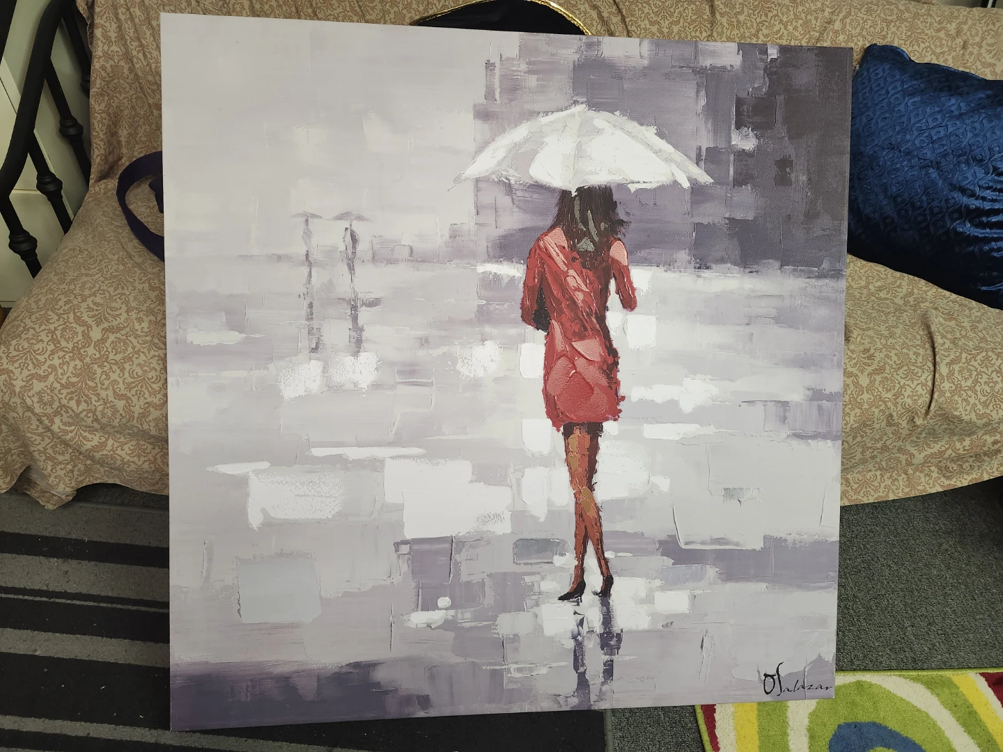 REAL Painting of Woman in Red Dress with Umbrella