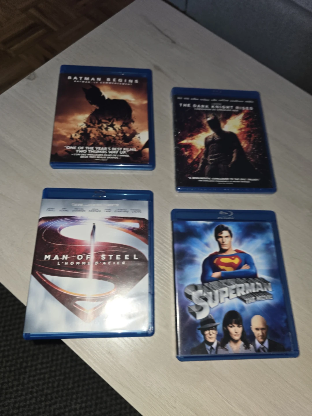 Batman Begins, Dark Knight Rises, Man of Steel, Superman blu ray
