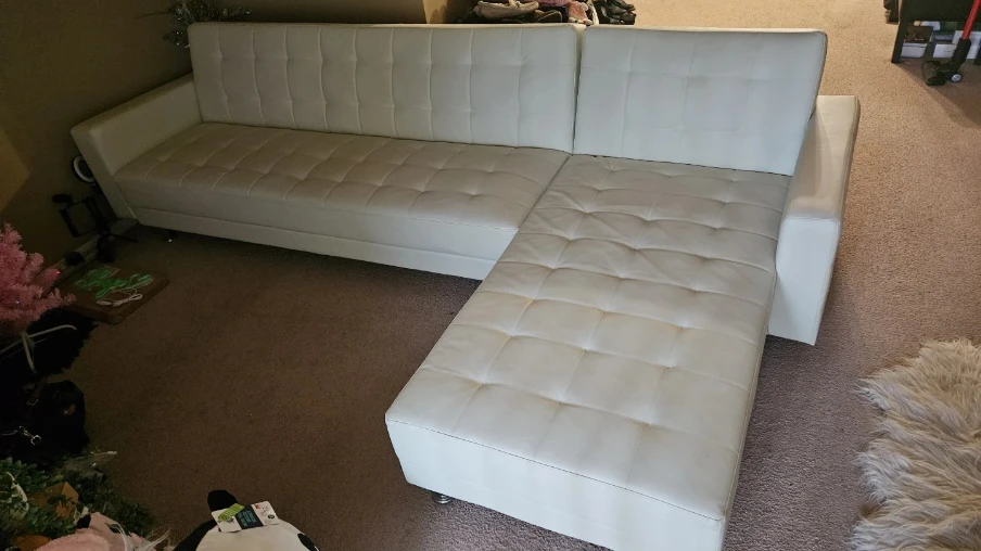 White Faux Leather Sectional Sofa Bed 118"