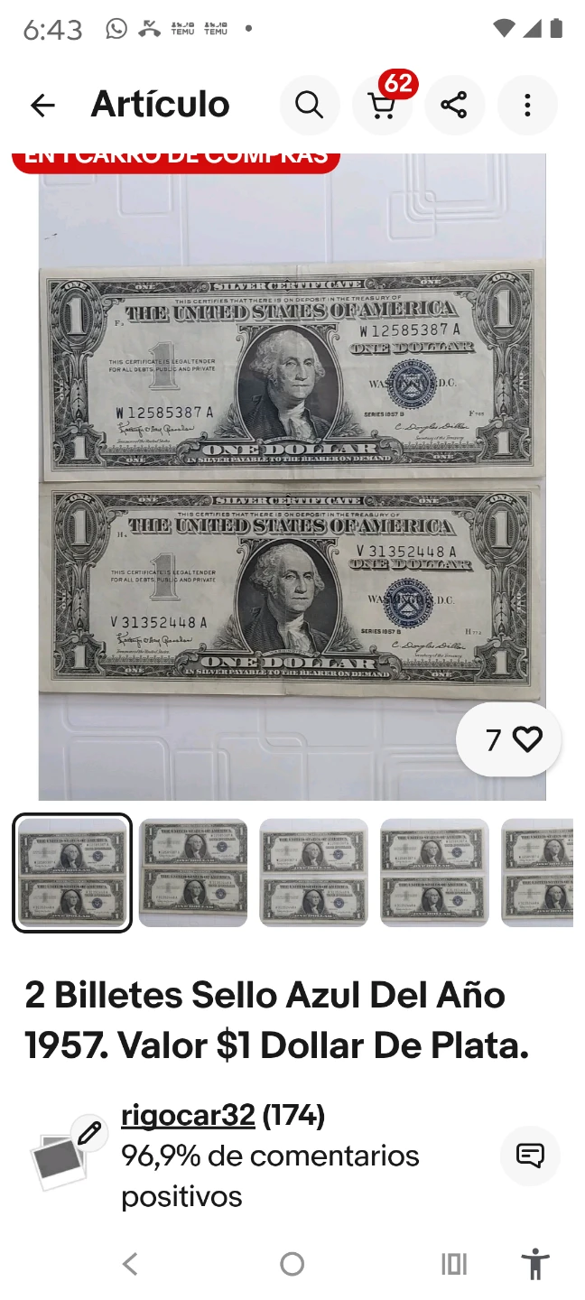 2x 1957 US Silver Certificate $1 Bills