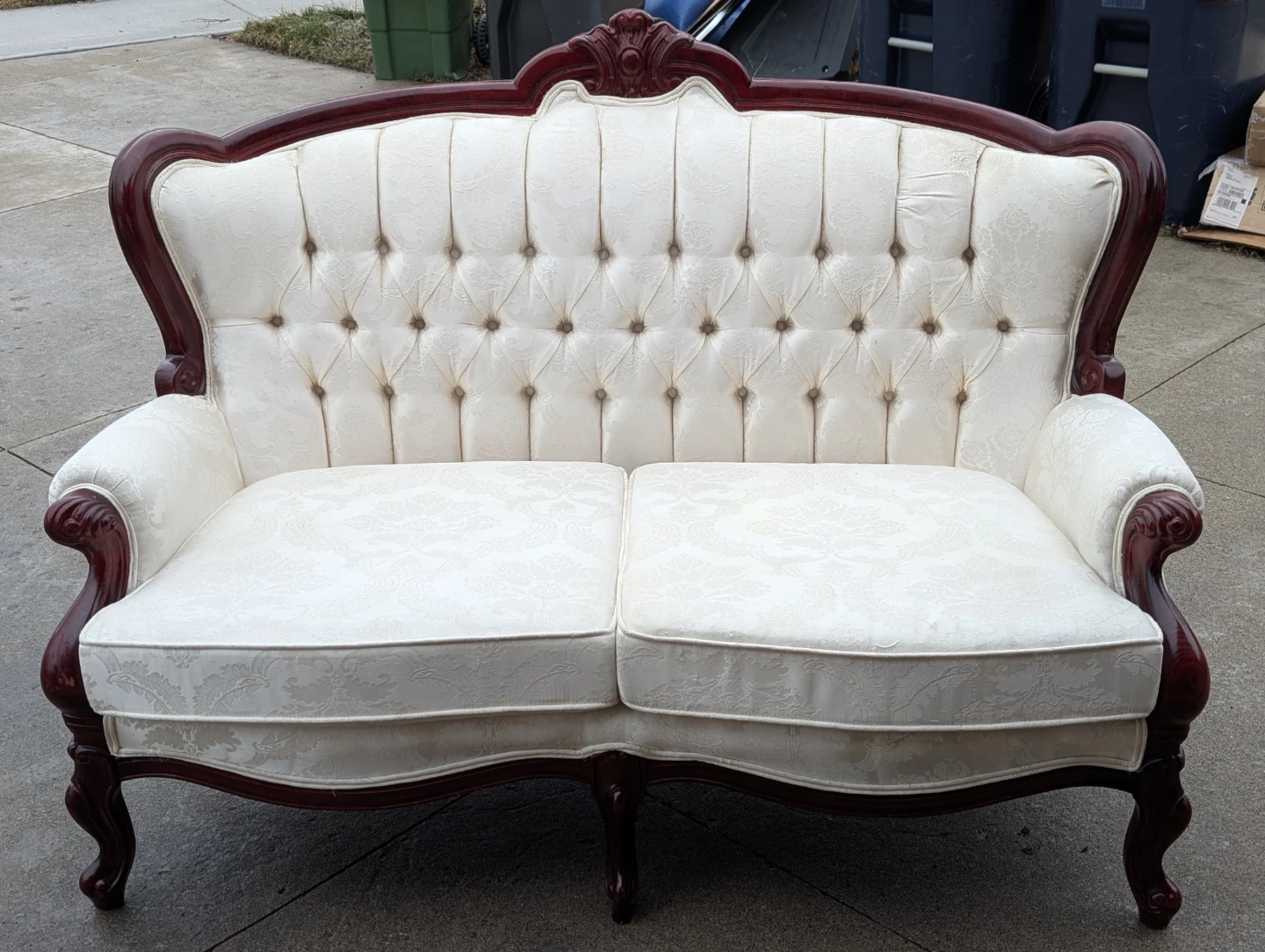 White Damask Sofa with Dark Wood Frame
