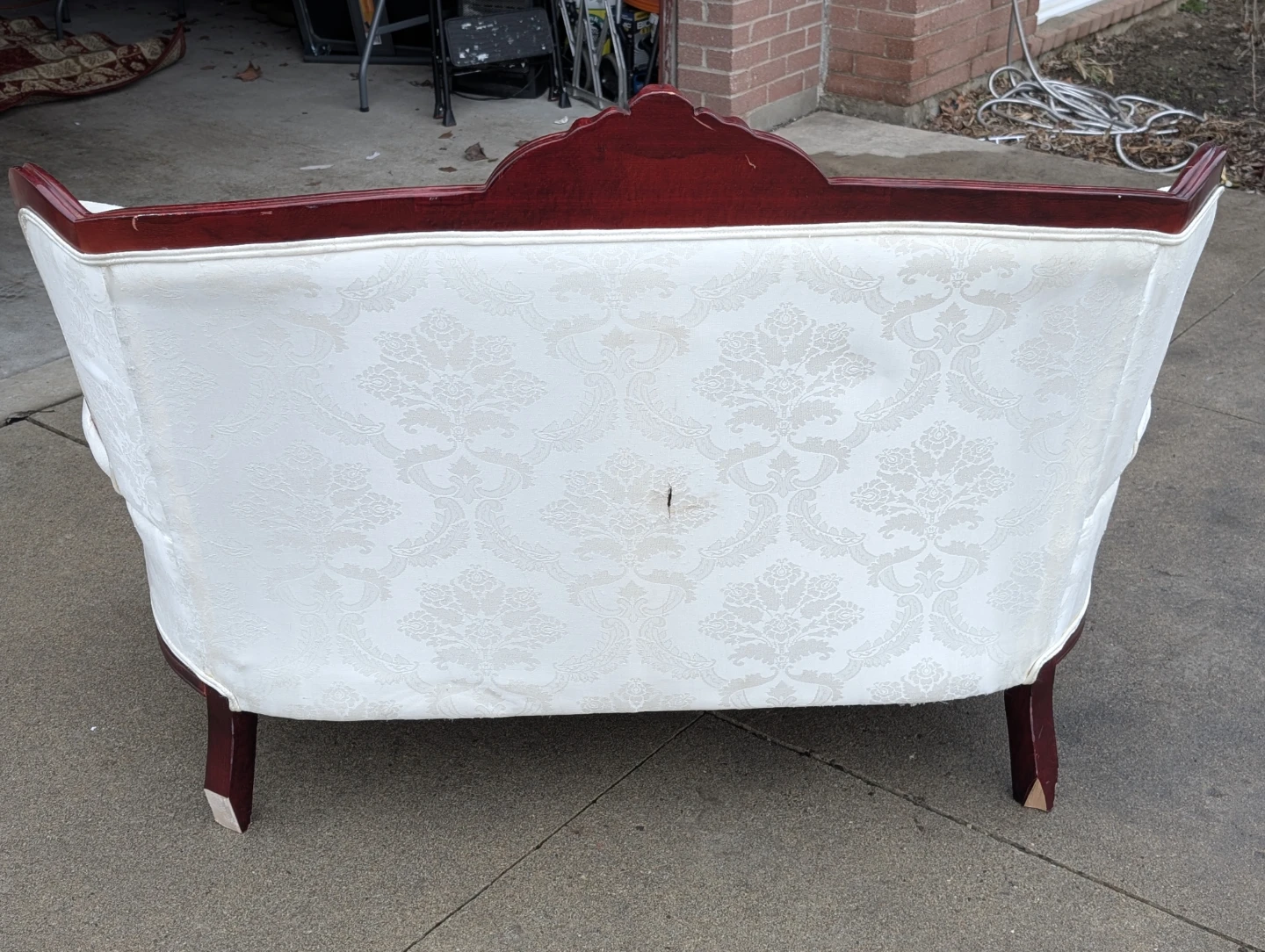 White Damask Sofa with Dark Wood Frame - photo 2
