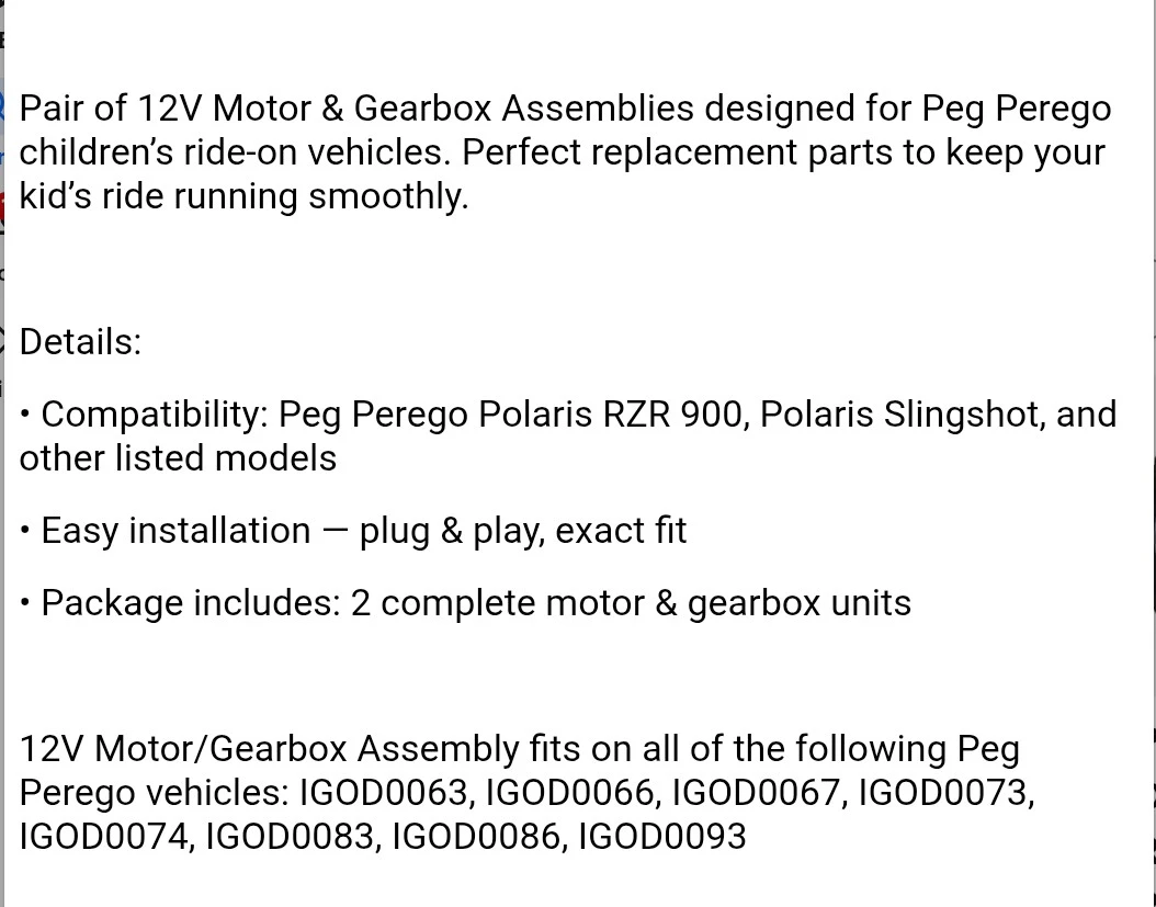Peg Perego 12V Motor & Gearbox Assemblies (Pair) - photo 5
