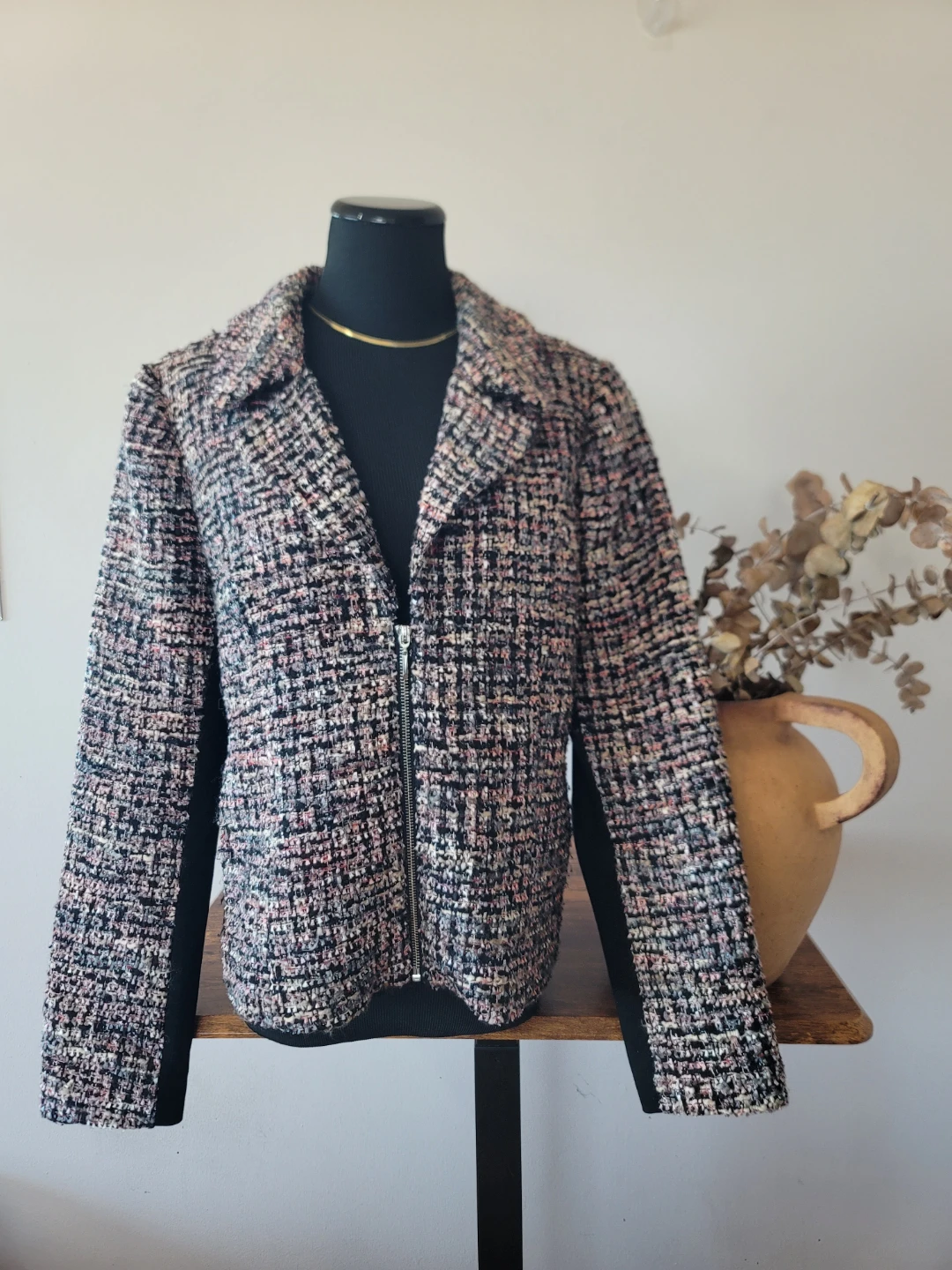 Colorful Tweed Moto Zip Jacket Blazer Office Sz 14 Spring Layers