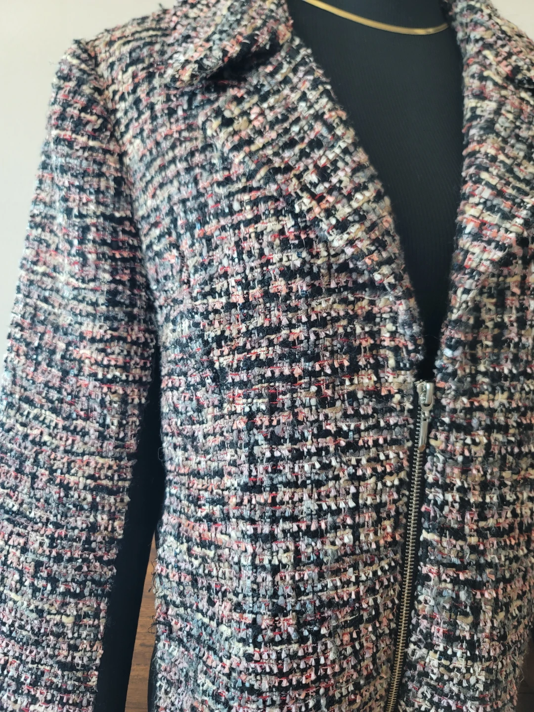 Colorful Tweed Moto Zip Jacket Blazer Office Sz 14 Spring Layers - photo 4