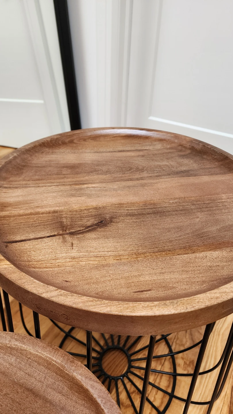 Set of 2 Round Wood Top Nesting Side Tables with Metal Wire Base - photo 3