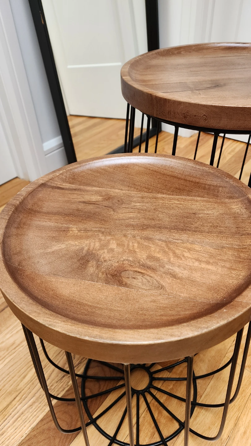 Set of 2 Round Wood Top Nesting Side Tables with Metal Wire Base - photo 4