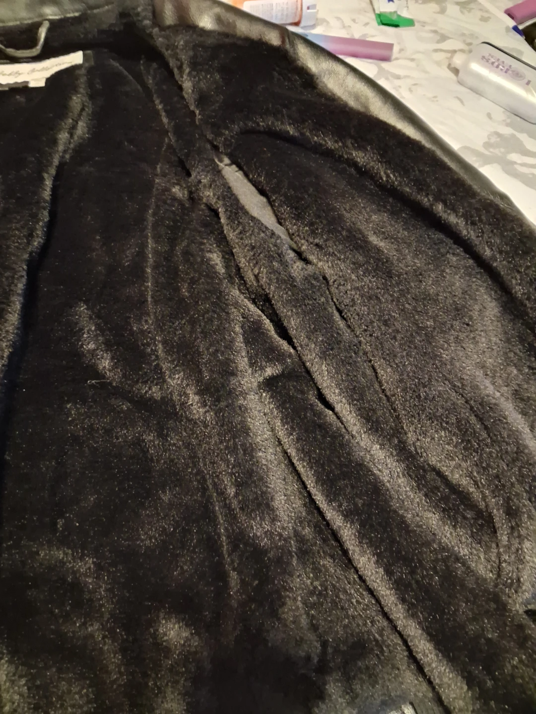 Black Faux Leather Jacket with Knit Sleeves - photo 5
