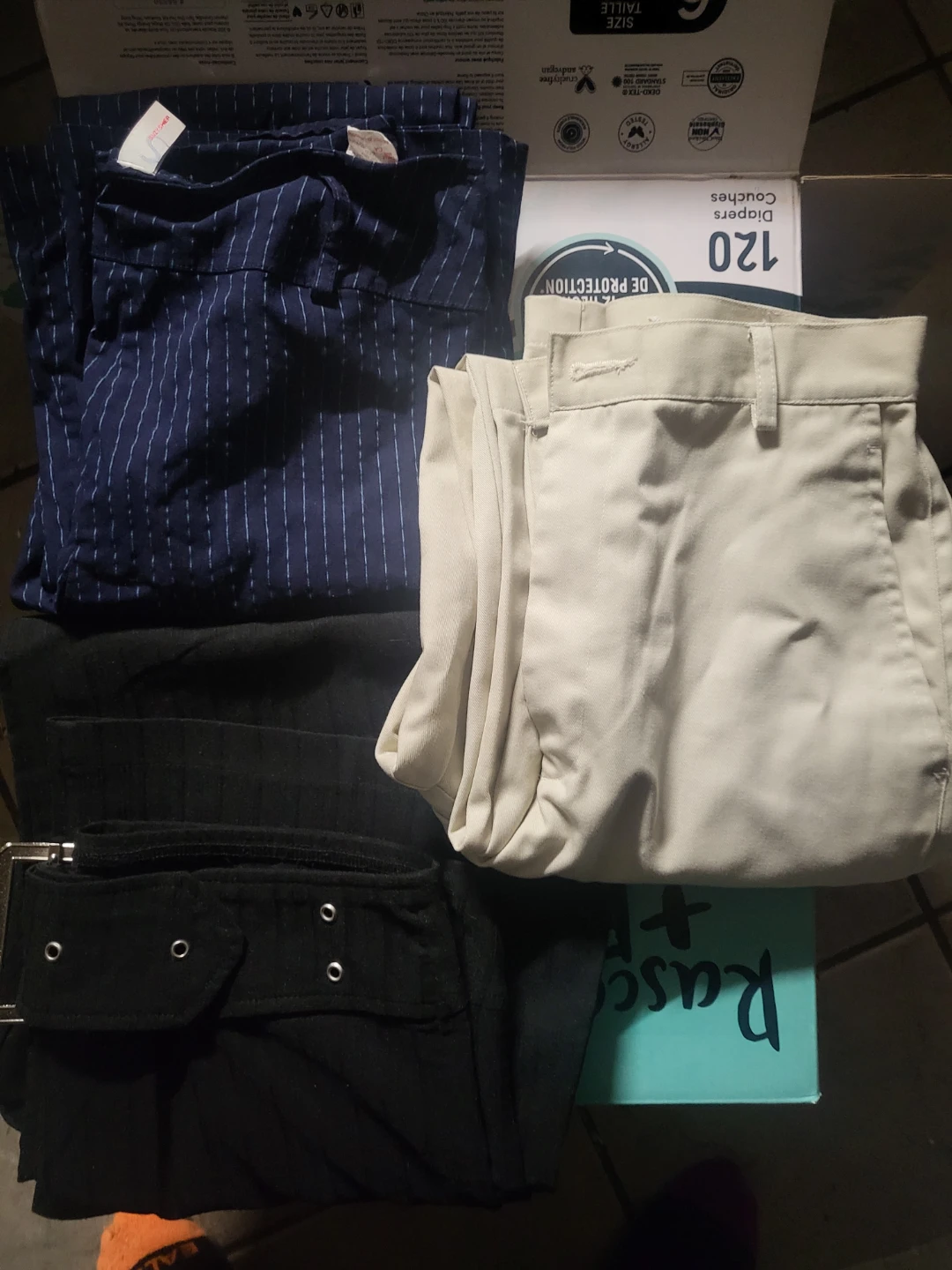 Bundle of 3 Pairs of Pants: Pinstripe, Khaki, and Black