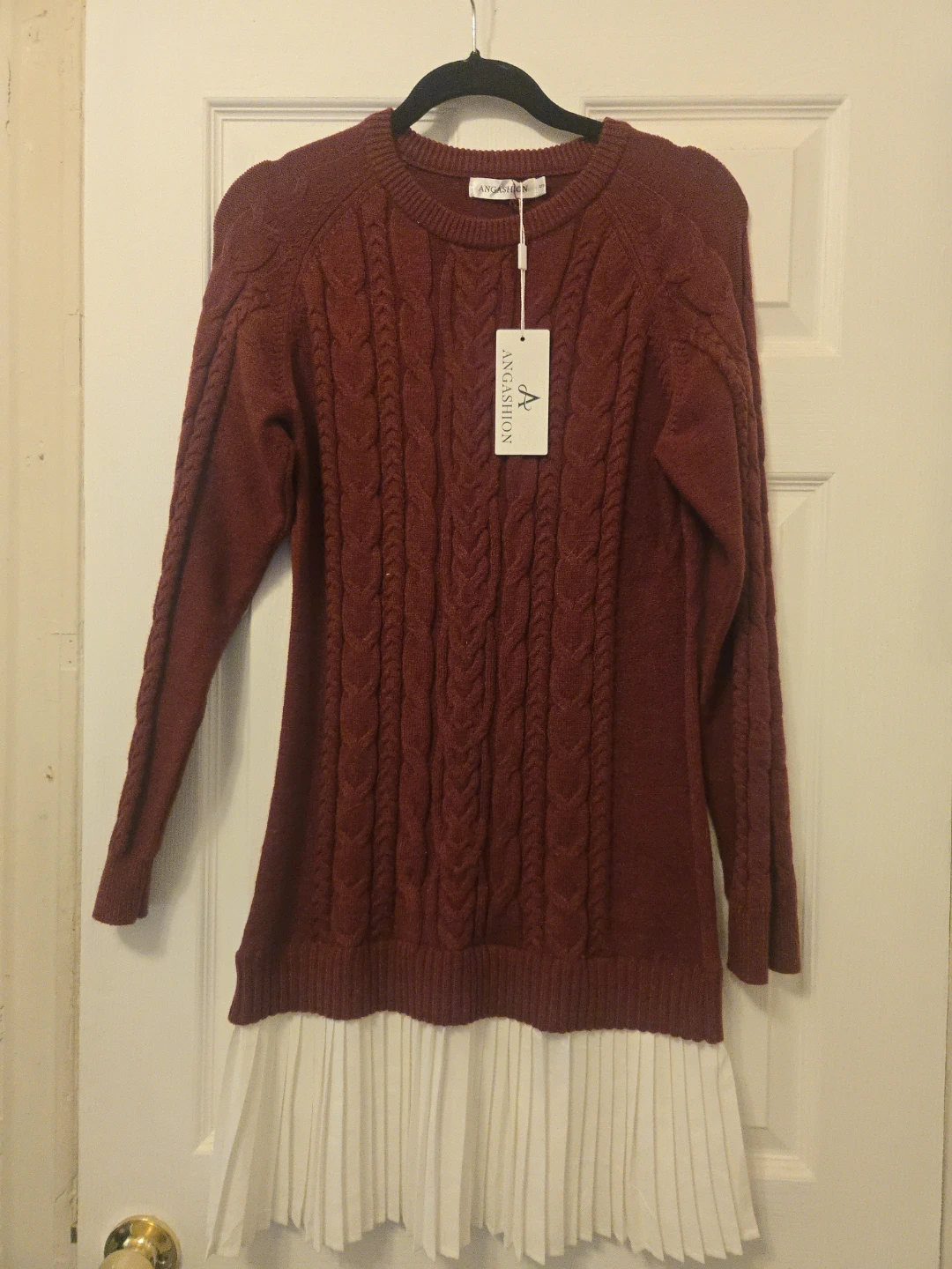 ANGASHION Women's Burgundy Cable Knit Pleated Dress Size S