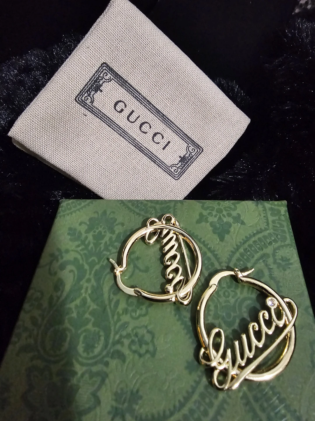 Gucci Gold Tone Hoop Earrings with Crystal Accent - photo 2