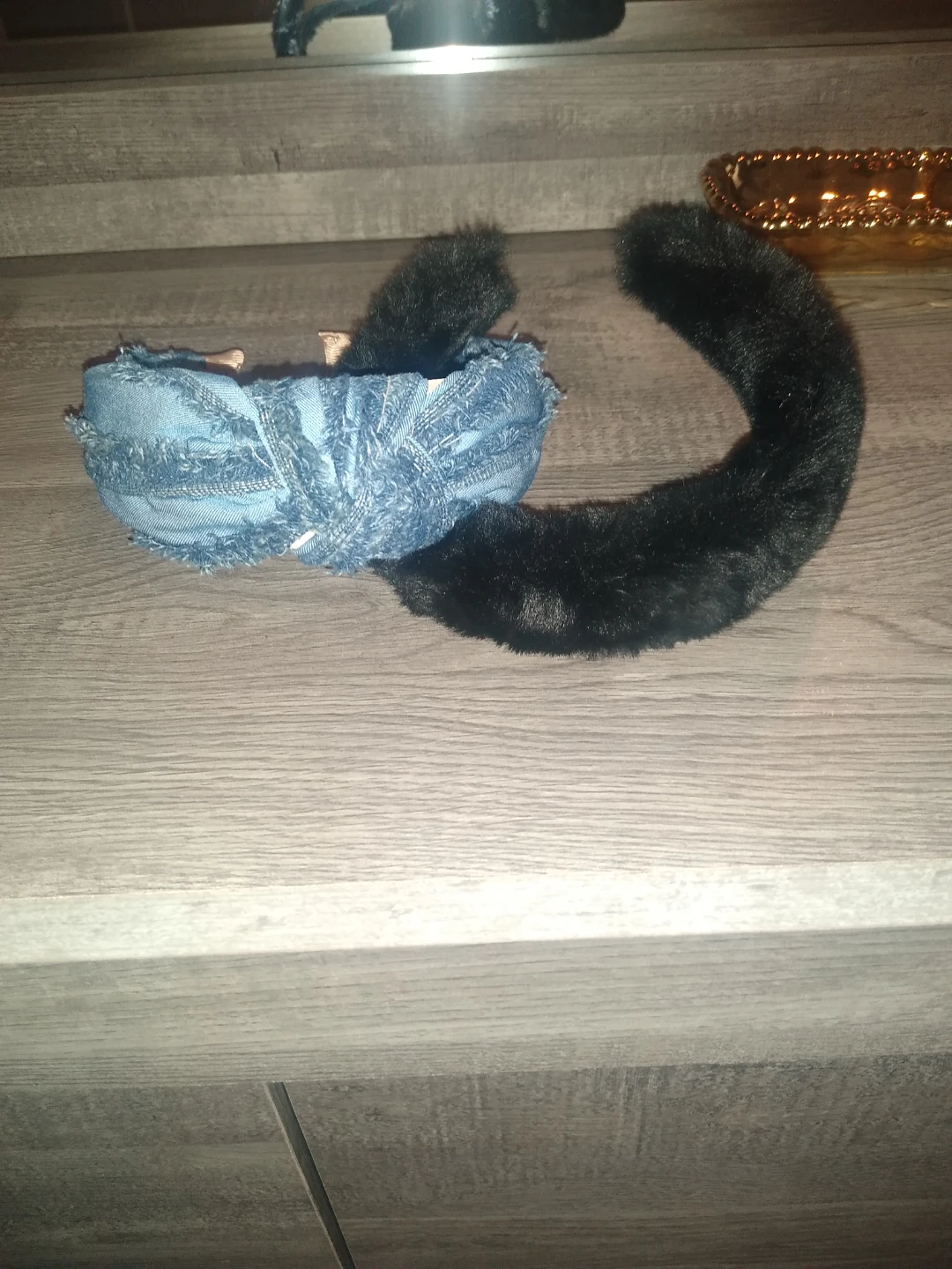 Denim Headband with Black Faux Fur Cat Ears