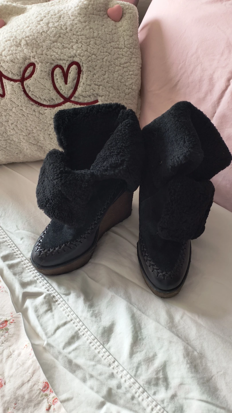Black Suede Wedge Boots with Shearling Trim COACH BOOTS - photo 3